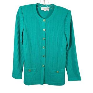 St. John Teal Green Ribbed Jacket Shoulder Pads Santana Knit - Size 2